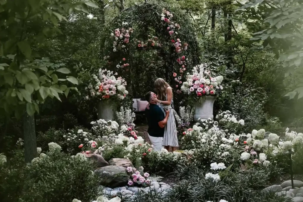 Garden-style floral installation shown in Taylor Swift and Travis Kelce’s engagement photographs