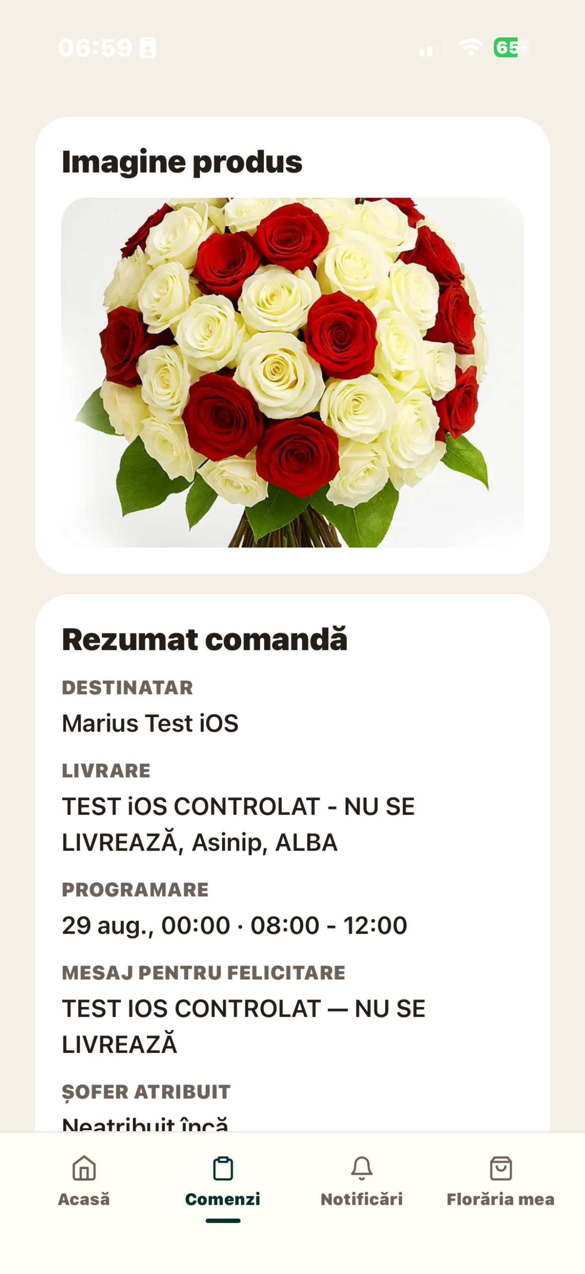 Detail of a test order in ProFlorist: product image, recipient, schedule and message.